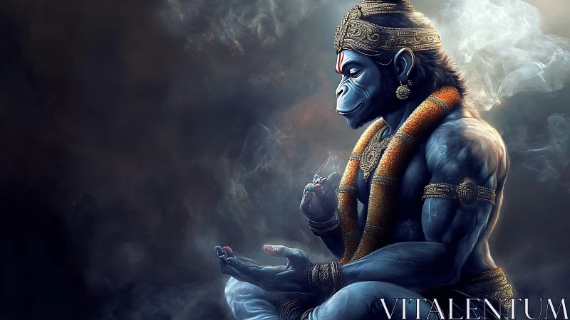 Mystic simian sage in smoky blue twilight meditation.