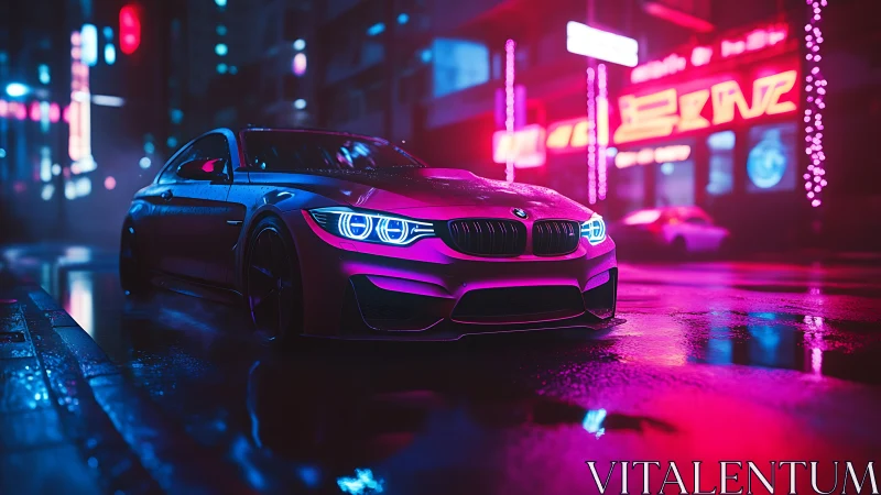 Neon-lit performance coupe with wet-surface reflections at night