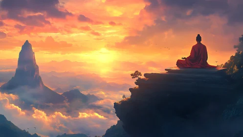 Monk meditates on cliff edge above glowing cloud valley