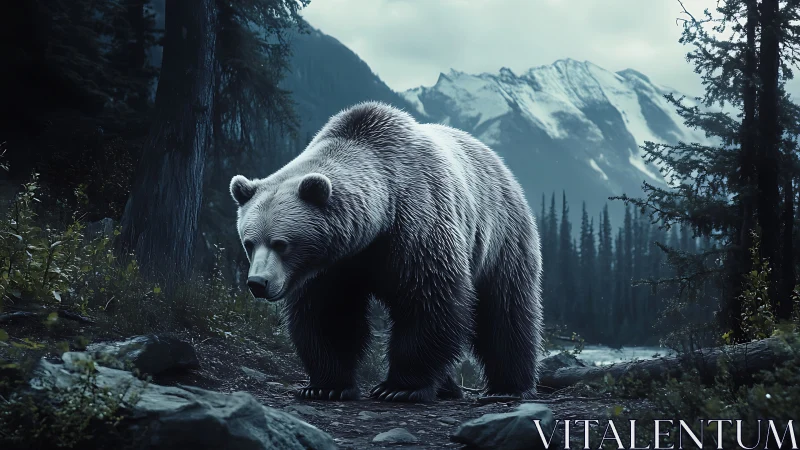 Grizzly bear on forest trail before distant snowy peaks.