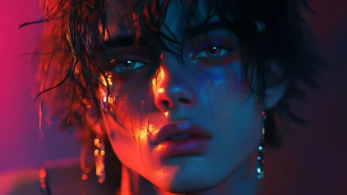 Moody portrait in vivid blue and orange neon light.