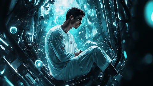 Man in futuristic pod with blue illuminated technology field.