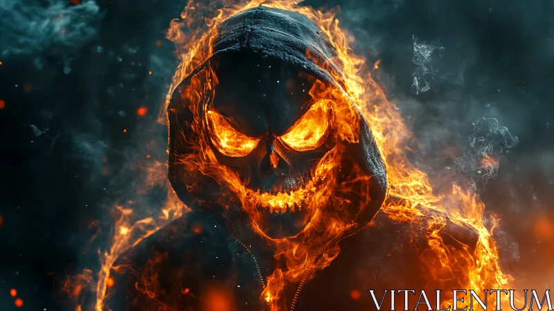 Flaming skull in hooded jacket roars within smoky darkness