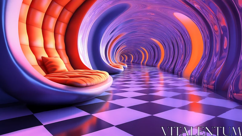 Curved lounge corridor with checkered floor and pod seating.