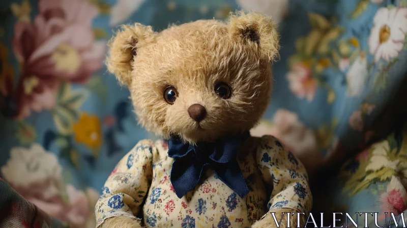Vintage teddy bear portrait in floral dress and soft bokeh.