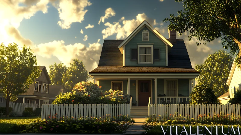Blue suburban house with garden and white picket fence.