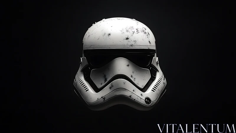 Worn white sci‑fi combat helmet is centered on dark field