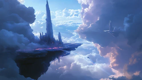Soaring sci fi sky city rises among glowing storm clouds