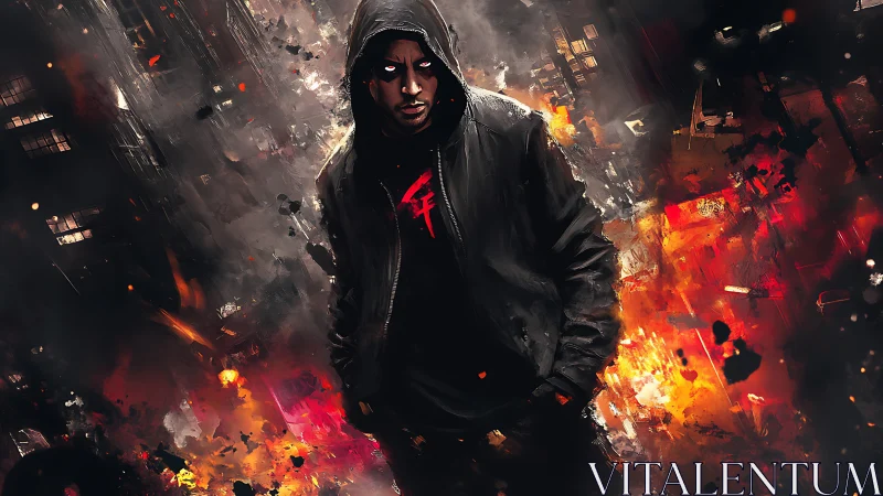 Hooded urban antihero stalks through burning neon nightscape.