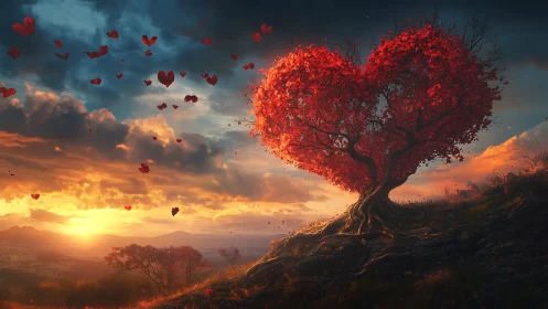 Heart Tree at Sunset: Love Blooms in Golden Light.