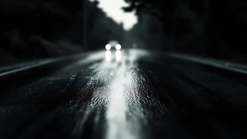 Headlights approach along wet rural road at dusk