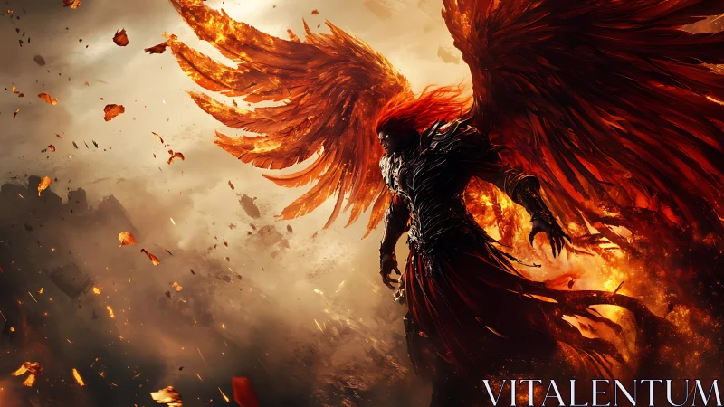 Fiery winged warrior descends through erupting ash storm
