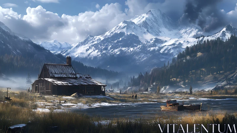 Snowlit mountain cabin beside frozen marshland river.