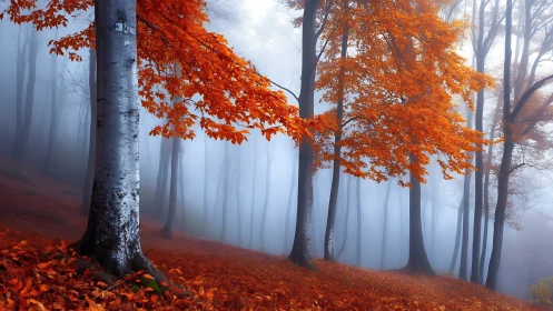 Autumn Forest in Mist: Vibrant Foliage Meets Fog.