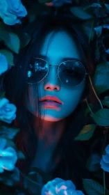 Neon-lit girl in sunglasses emerges from luminous blue roses
