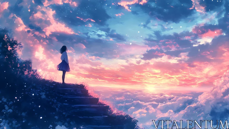 Anime sunset vista with silhouetted figure on cloud terrace steps.