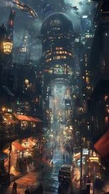 Dense cyberpunk megacity street under layered orbital traffic