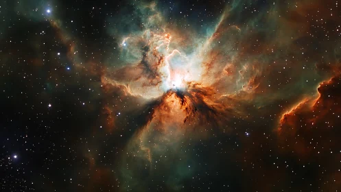 Celestial firestorm unfolds in a swirling star nursery sky.