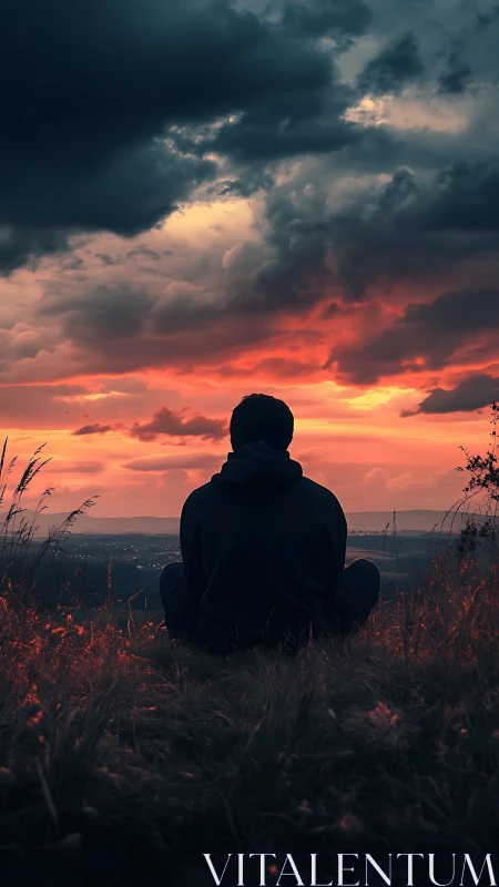 Silhouette watching dramatic sunset sky from hilltop field.