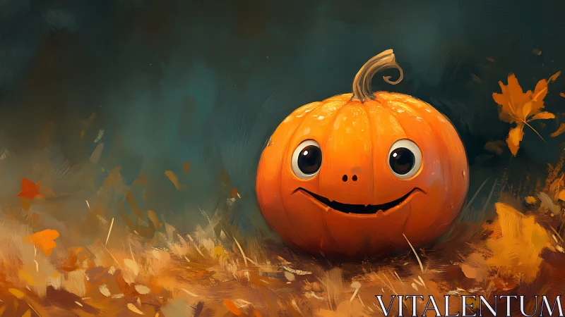 Orange pumpkin character on autumn ground in digital scene.