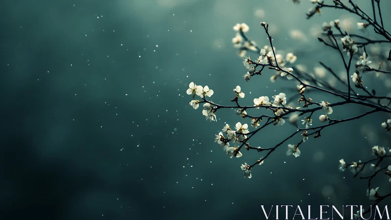 Delicate White Blossoms in Misty Teal Rain.