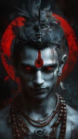 Mysterious warrior radiates calm power in red and shadow