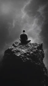 Solitary human figure seated on rugged cliff in grayscale.
