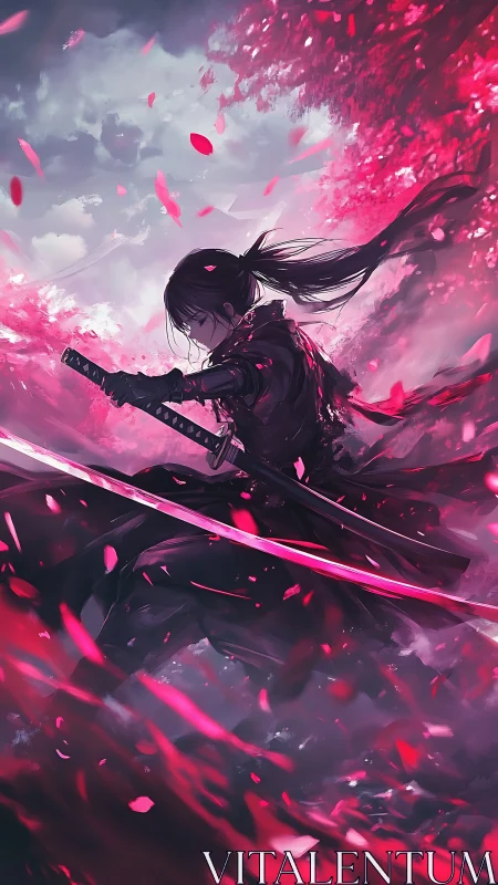 Samurai warrior swings katana through swirling pink petals