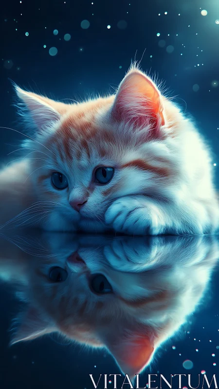 White cat with glowing ears in cosmic blue environment.