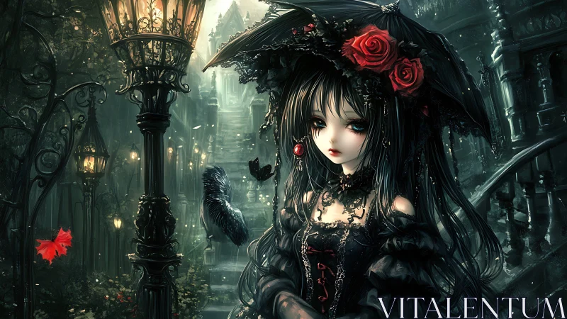 Gothic girl holds lace parasol under lamplight on staircase