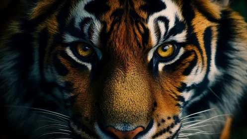 Tiger eyes lock in a piercing, golden gaze under shadows.