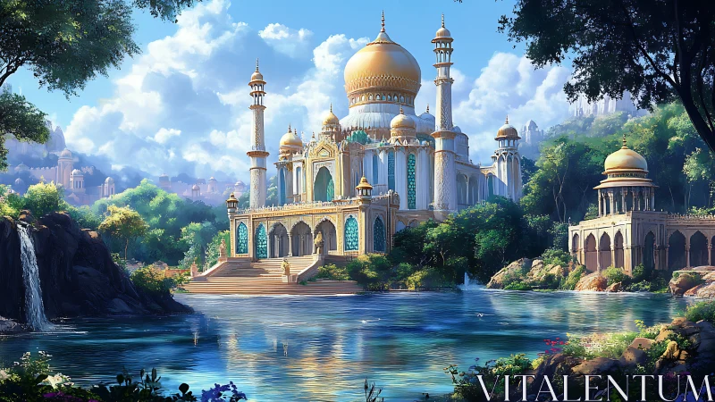 Golden domed palace rises above tranquil forest lake