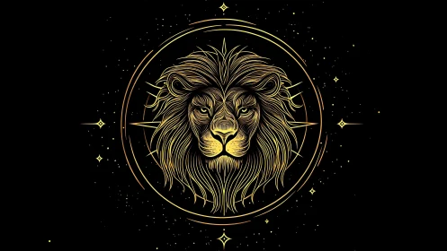 Golden line-art lion head forms celestial zodiac emblem