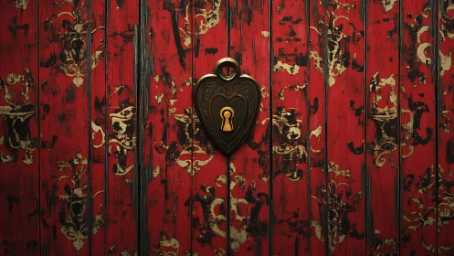 Heart shaped lock on distressed red patterned wooden door.