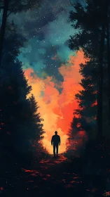 Silhouetted Figure Stands Before Cosmic Forest Fire.