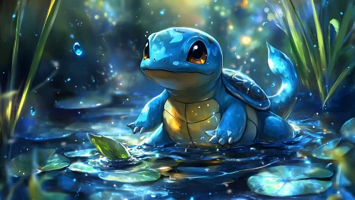 Squirtle sits in shallow glowing pond surrounded by plants