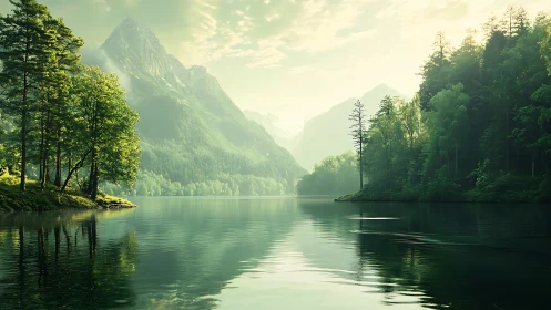 Serene mountain lake with dense green forest reflections.