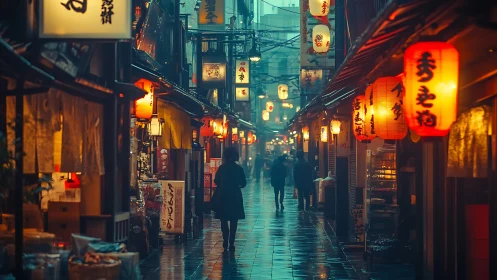 Rain-soaked Tokyo alleyway with glowing red lanterns at dusk.