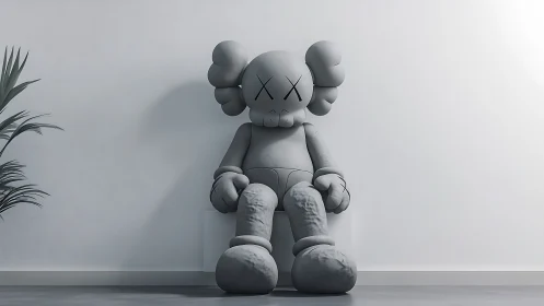 Oversized gray cartoon sculpture leans against minimalist wall