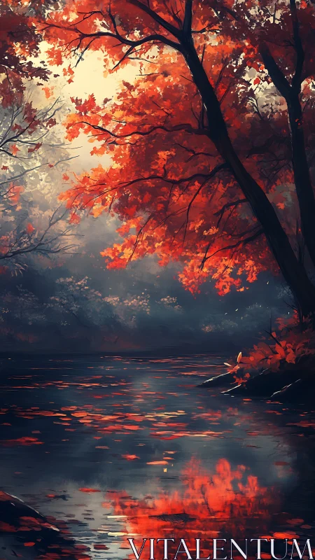 Autumn foliage over calm forest river with reflected canopy.