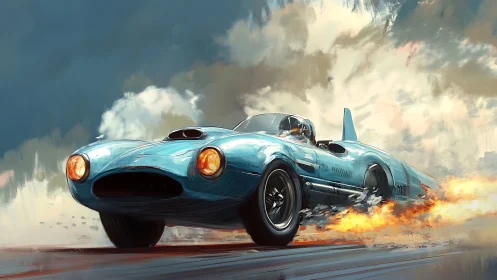 Dynamic retro jet-powered roadster in motion digital painting.
