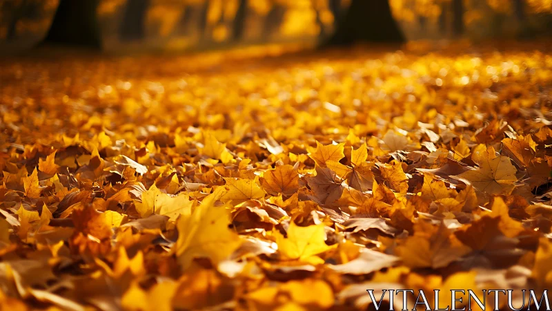 Golden autumn leaves covering a sunlit forest floor.