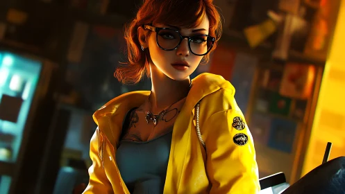 Young woman in yellow jacket with glasses indoors at night.