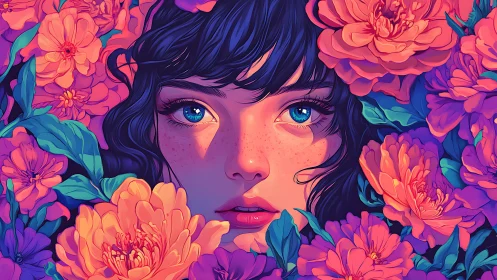 Neon-eyed girl emerging from luminous peony blossoms.