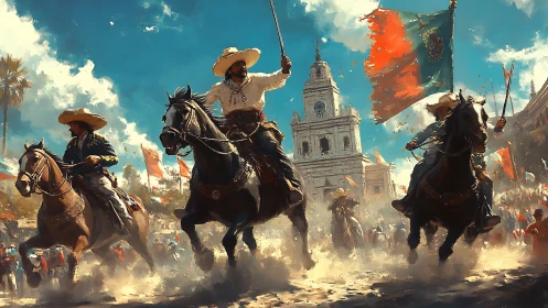 Riders in wide-brimmed hats charge past a bright city plaza