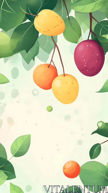 Colorful hanging fruit with soft leaves on pale backdrop.