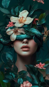 Serpentine muse entwined with lush teal foliage and blooms.