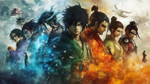 Samurai elemental warriors aligned in bilateral chromatic tension