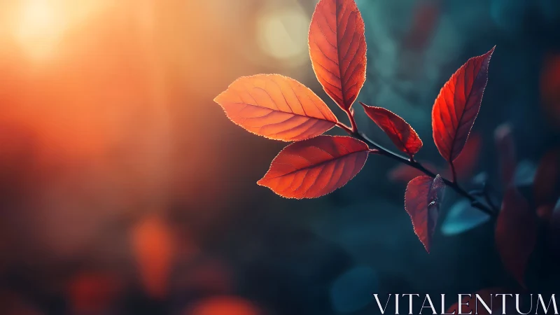 Red autumn leaves in warm sunset forest light closeup.