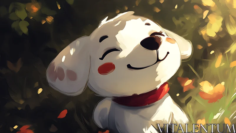 Sunlit puppy joy in a warm painterly forest glow.